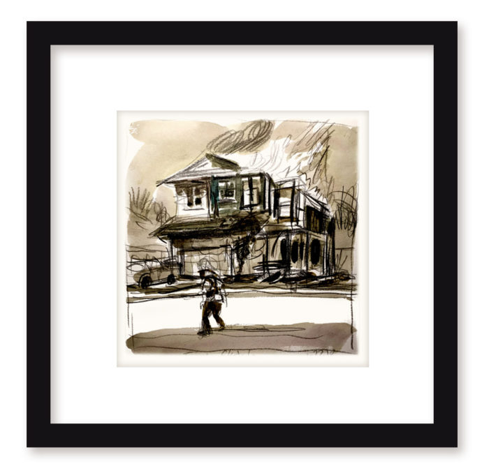 Home Fire Original Sketch with frame © 2018 Bill Russell